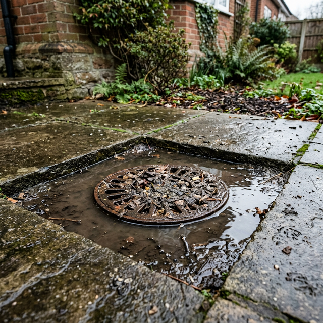 Blocked outside drain with standing water at a UK property