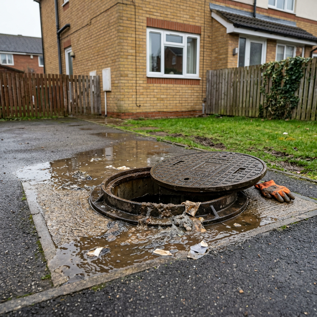 Overflowing manhole inspection chamber during a drainage emergency