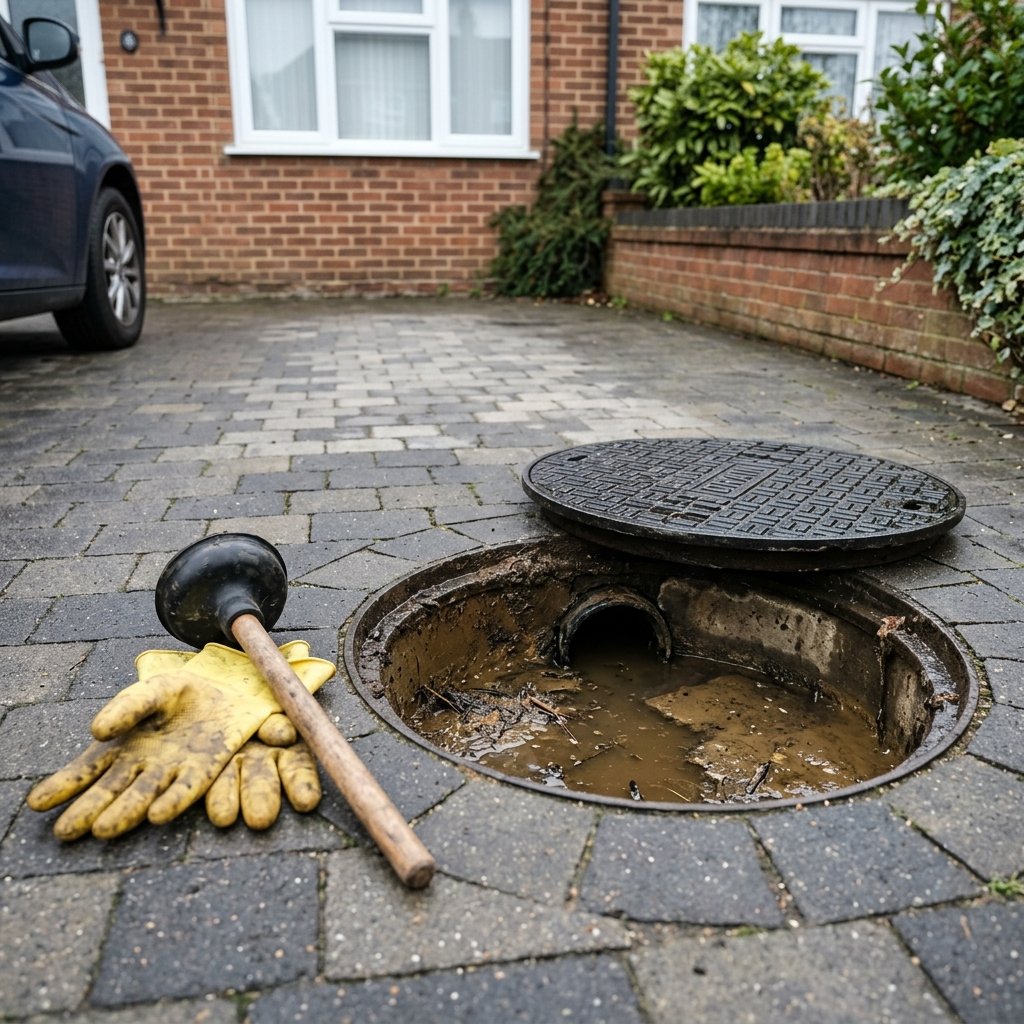 Blocked outside drain with standing water and a lifted inspection cover on a residential driveway