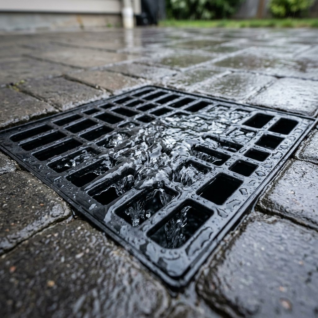 Clean outside gully drain with clear water flowing into the grate after unblocking