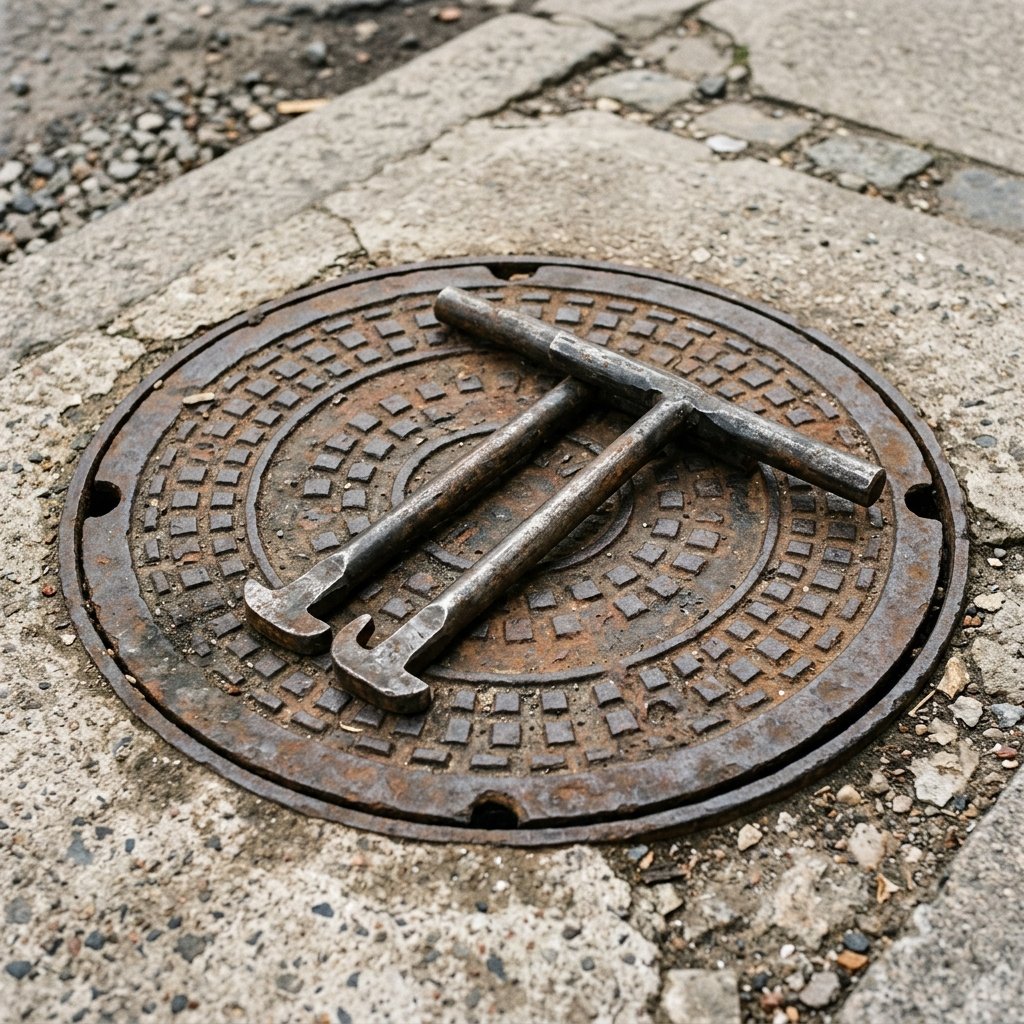 Manhole lifting keys next to an open inspection chamber cover on a driveway