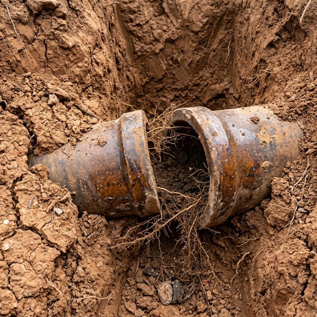 Tree roots entering a clay drain joint in Bromsgrove soil
