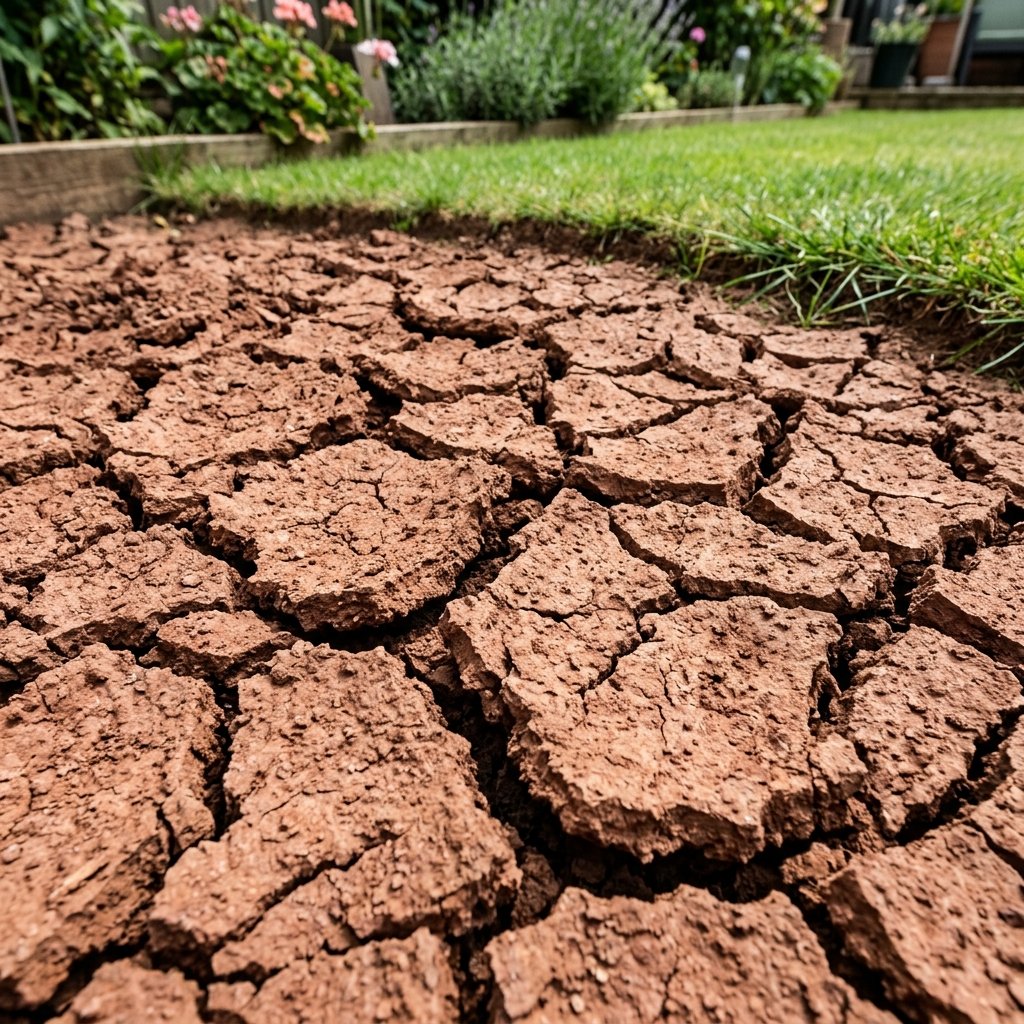 Dry cracked clay-rich soil beside a Bromsgrove garden lawn