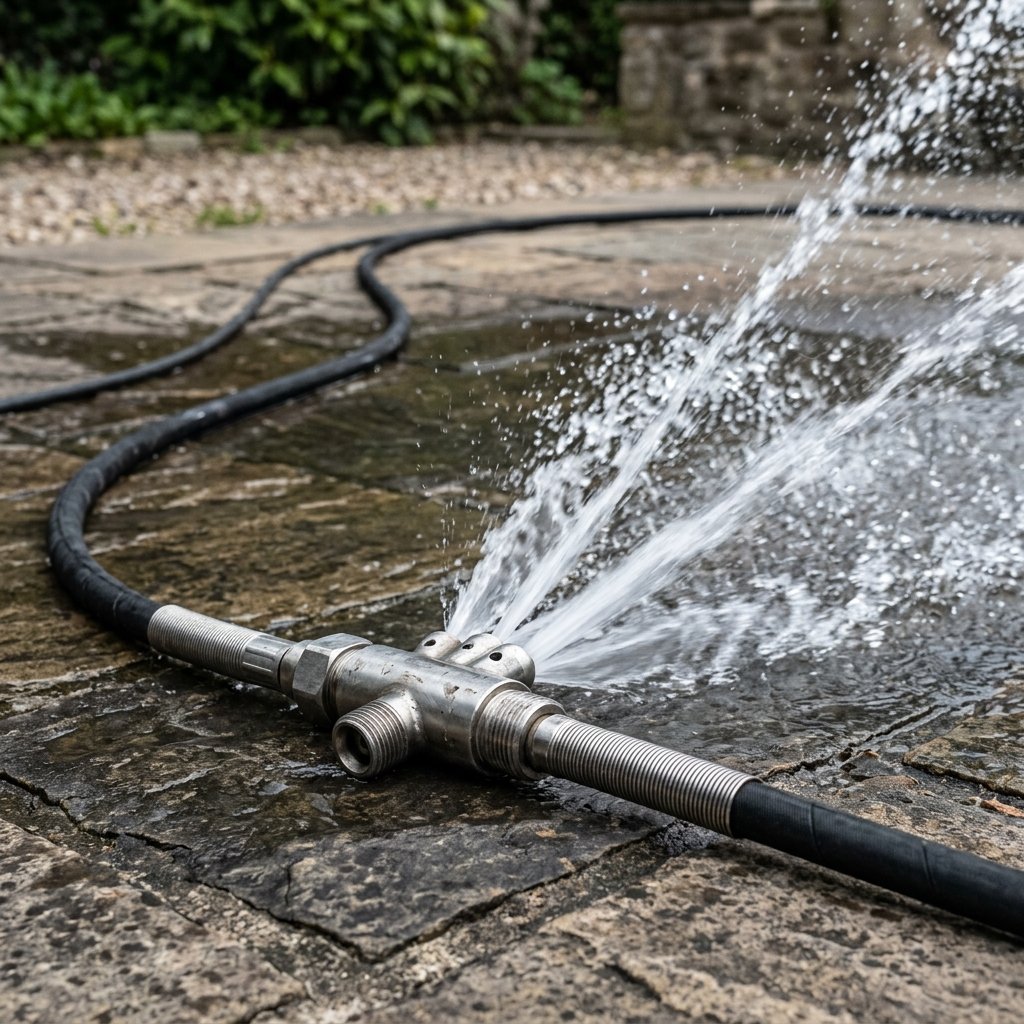 High-pressure drain jetting nozzle used to clear an underground outside drain