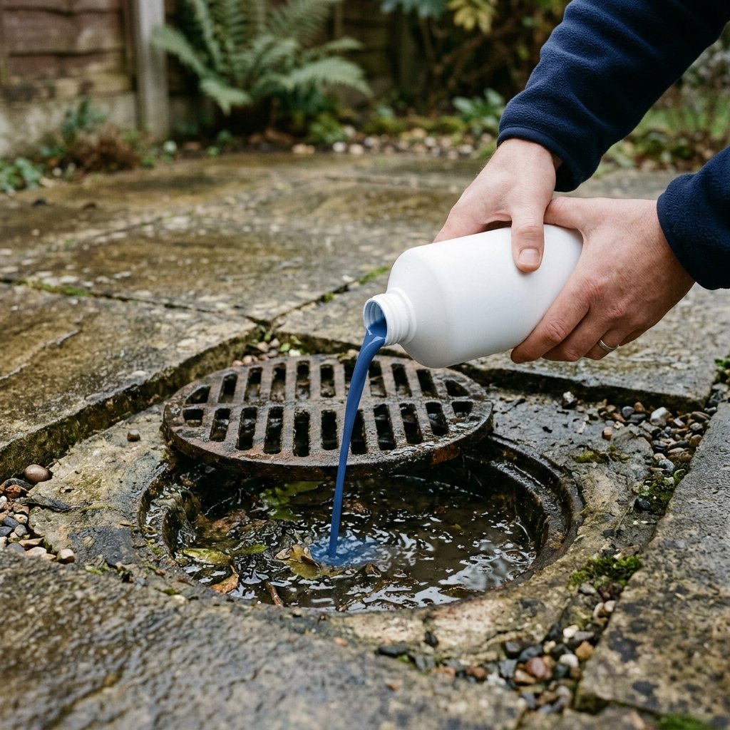 Illustration of chemical drain cleaner being poured towards an outside gully, showing an action to avoid