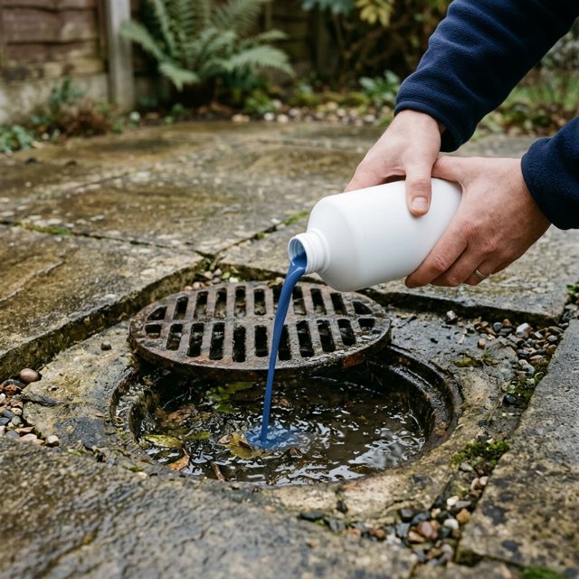 Chemical drain cleaner being poured towards an outside gully as an example of what to avoid