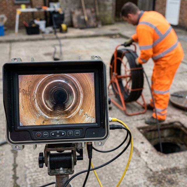 CCTV drain survey camera equipment set up on a residential driveway