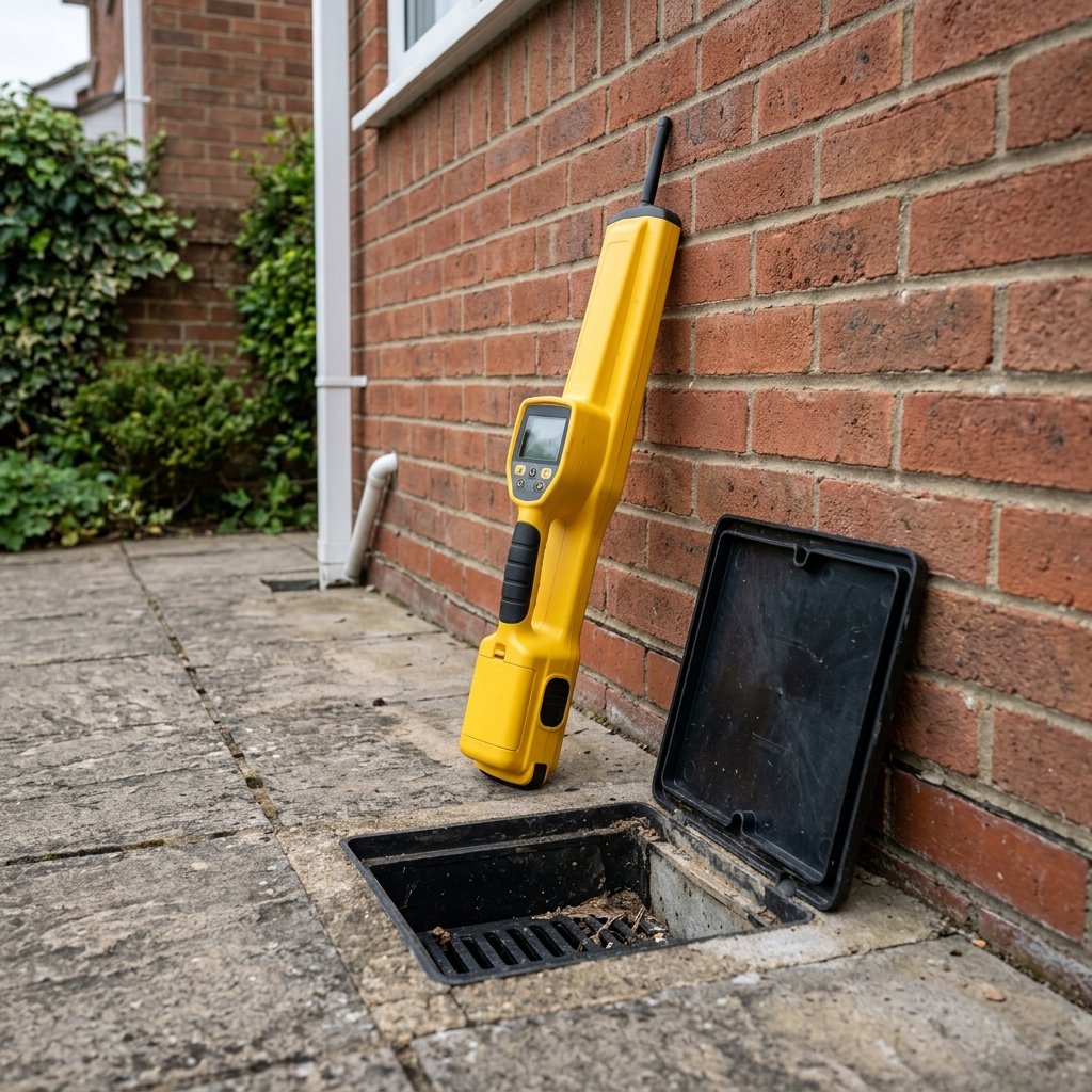 Professional drainage sonde locator receiver wand next to an open gully pot