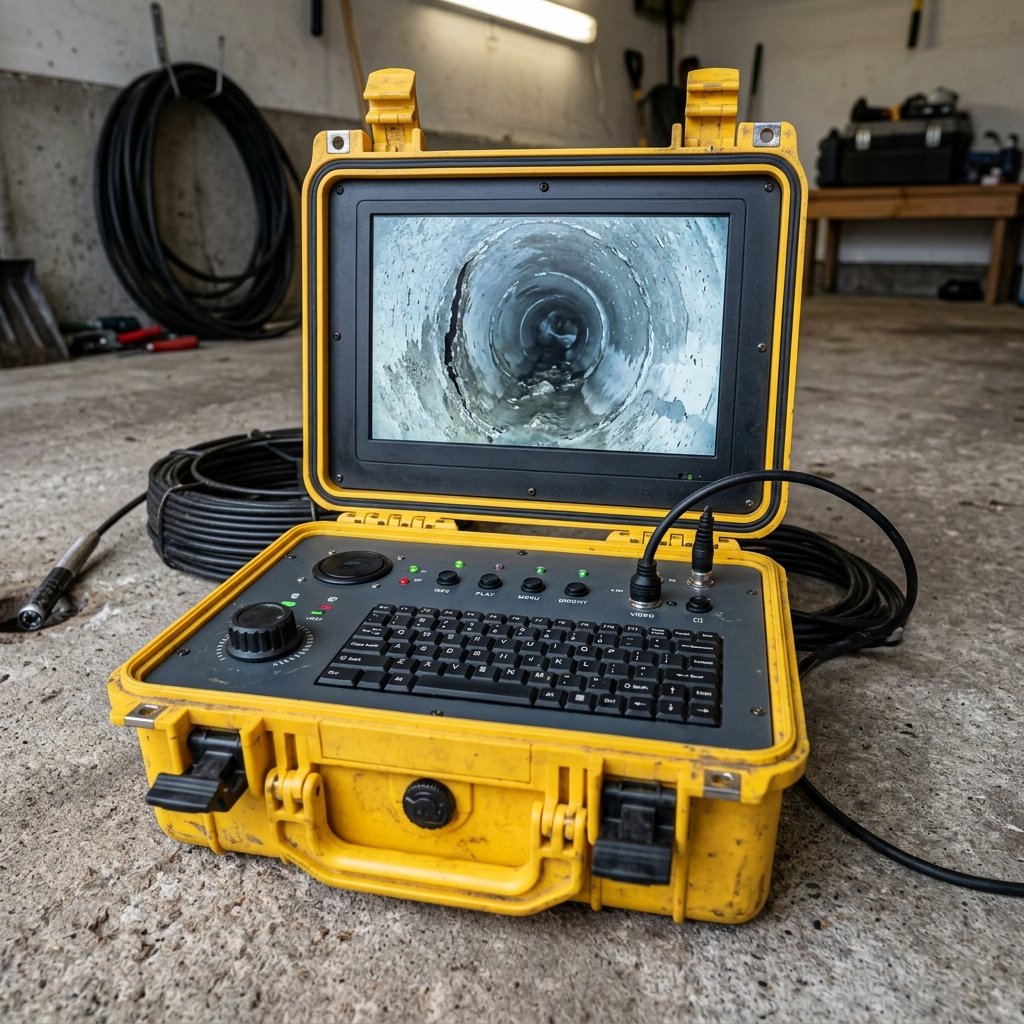 Rugged control monitor displaying colour feed from inside a drainage pipe