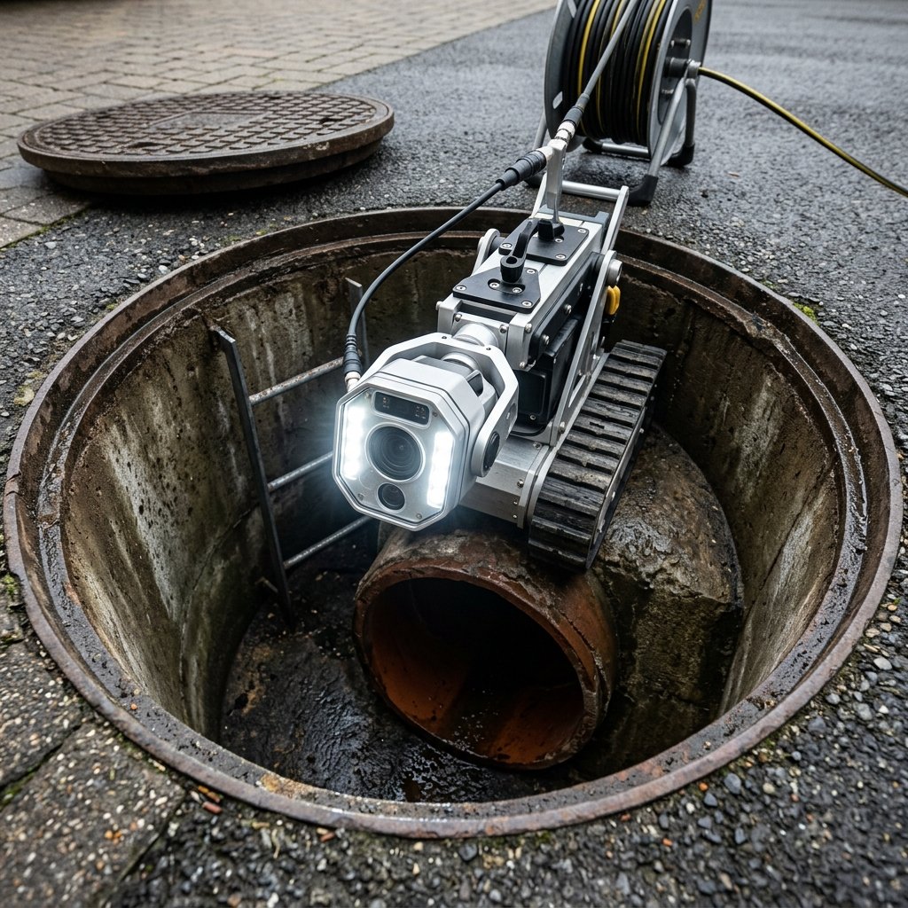 Robotic CCTV sewer crawler camera with lights inside a concrete inspection gully