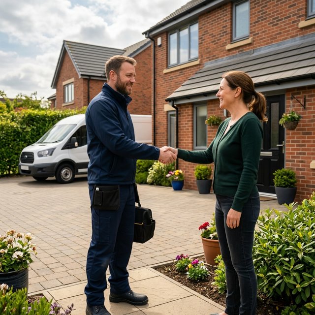 Homeowner discussing drainage work with a local engineer beside a service van