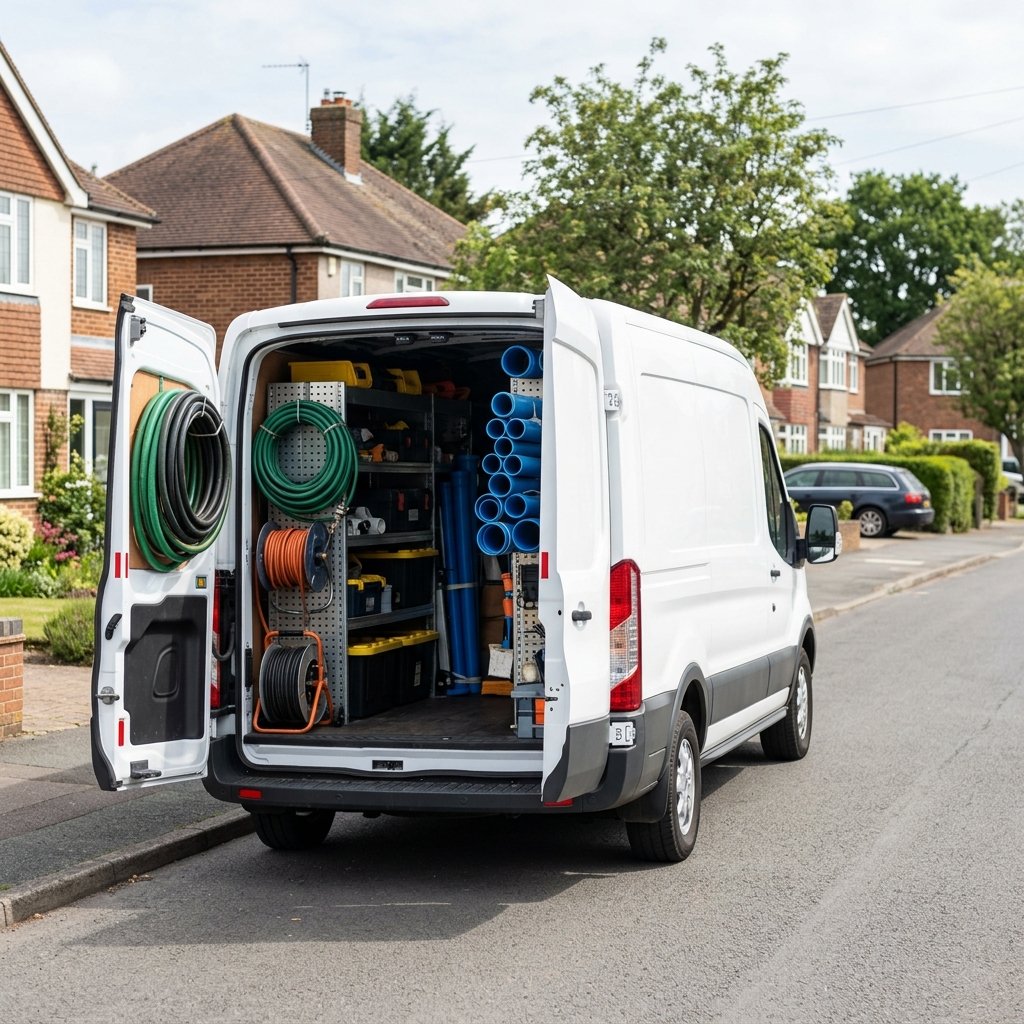 Organised drainage equipment stored inside a service van