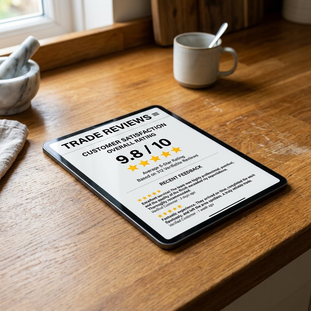 Tablet displaying customer feedback about drainage work