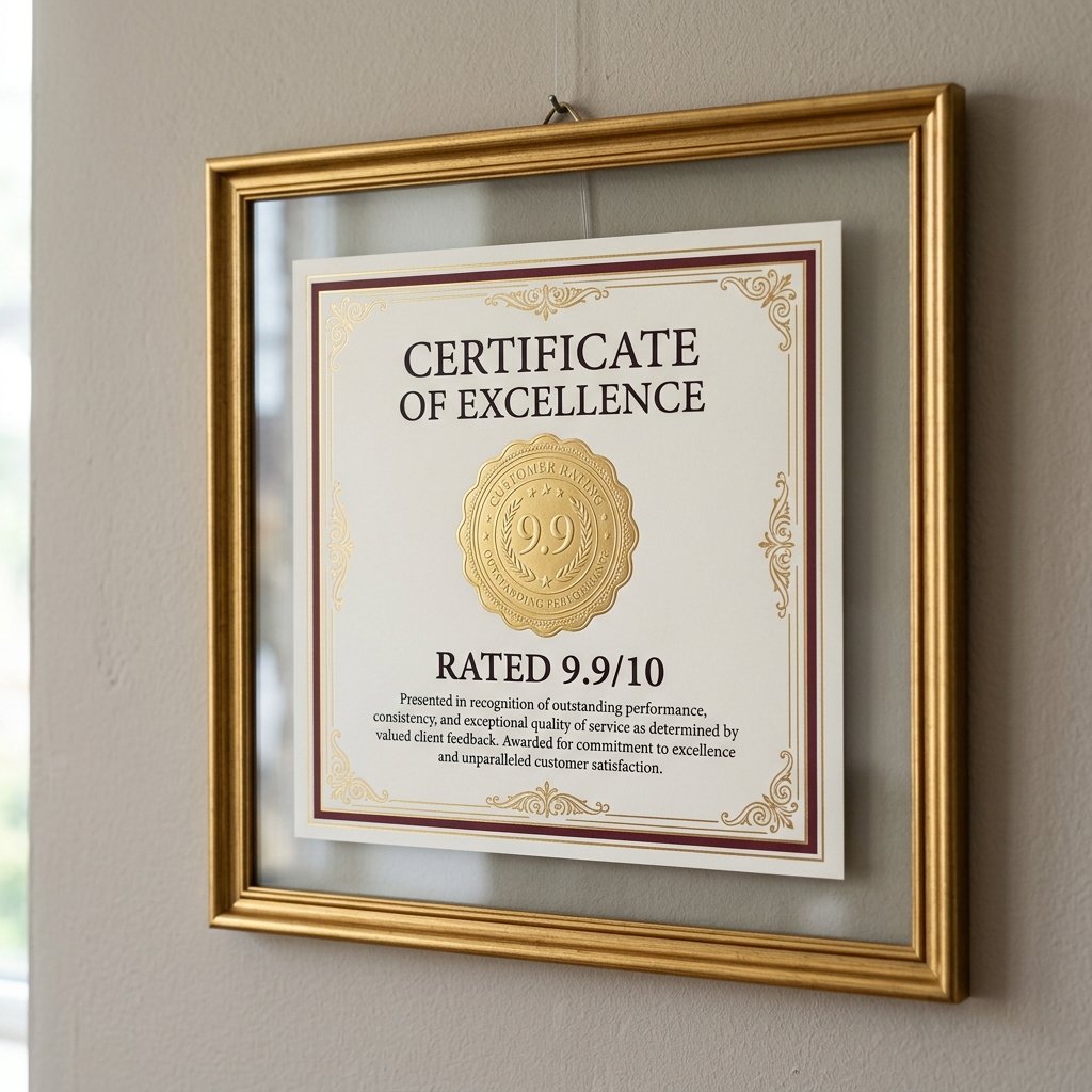 Framed customer rating graphic beside drainage review documents