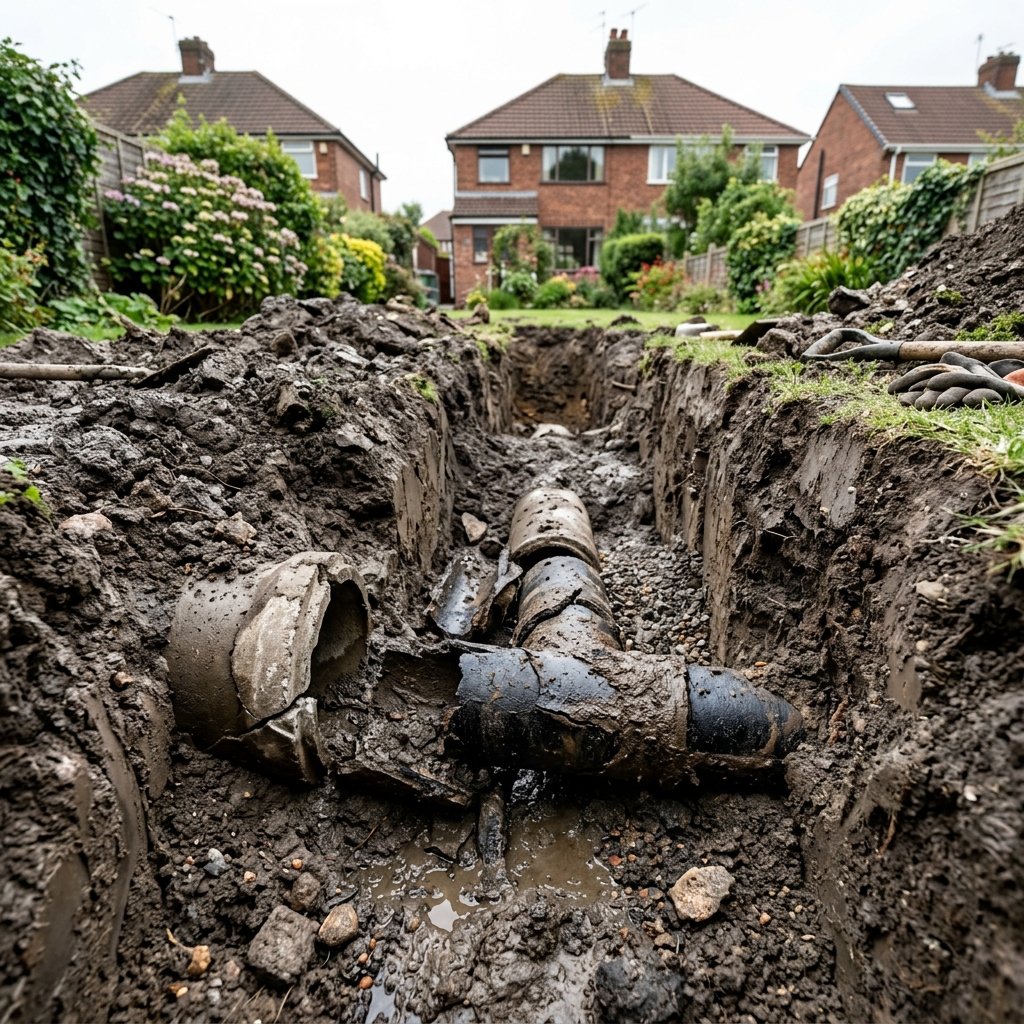 Excavated damaged drain beside a post-war Coventry home