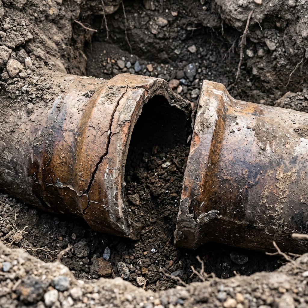 Cracked and displaced clay drain joint found during a Coventry pipe inspection