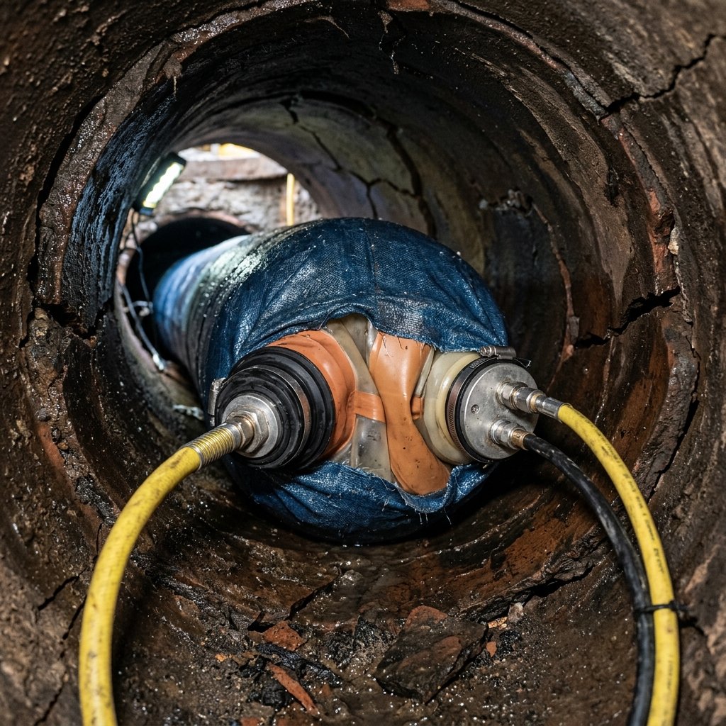 Resin-impregnated felt drain liner being inflated and cured inside a cracked clay pipe