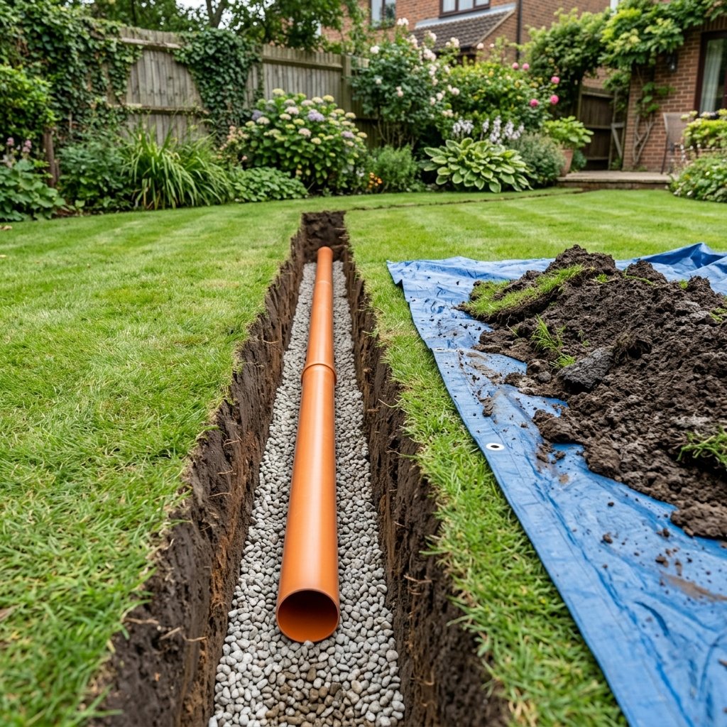 Neatly excavated narrow trench in a residential UK garden showing a newly installed orange PVC drainage pipe