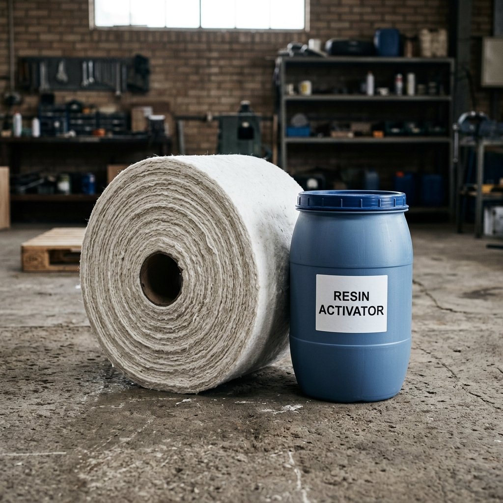 Roll of white felt drainage liner sleeve next to a drum of resin activator on a concrete floor