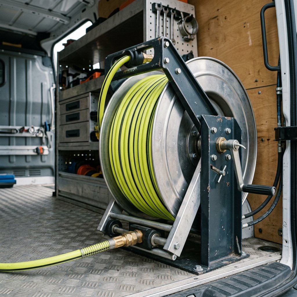 Professional high-pressure drain jetting hose coiled on a metal reel