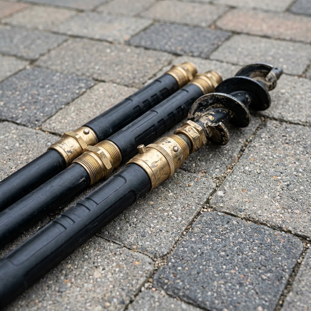 Set of heavy-duty drain rods with brass joints on block paving