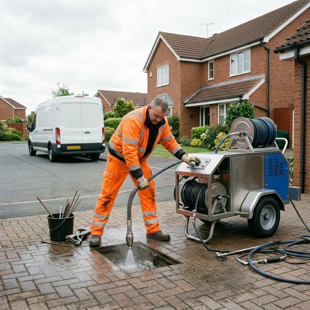 Drainage engineer operating a high-pressure jetting trailer on a residential driveway