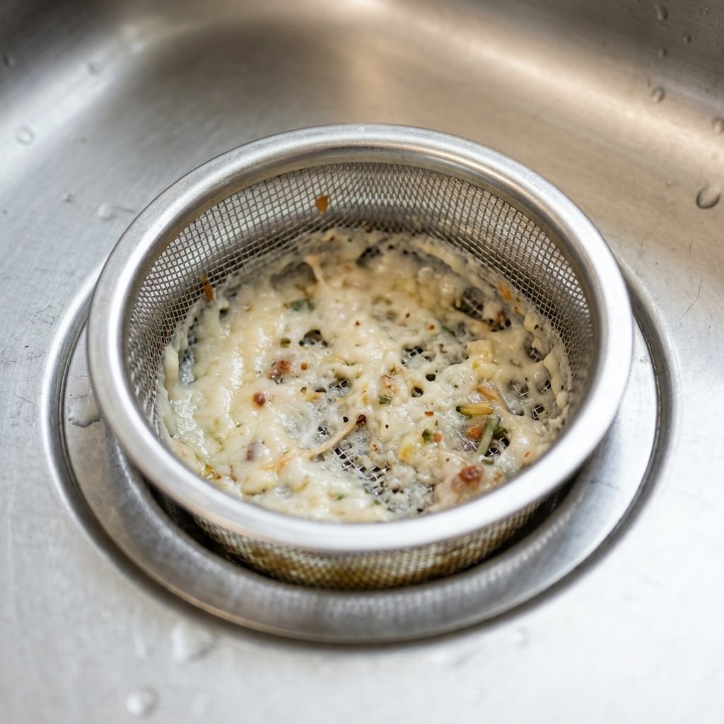 Kitchen sink strainer filled with solidified cooking grease and lard