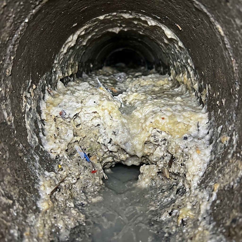 Solidified kitchen fat and grease lining the inside of a waste pipe
