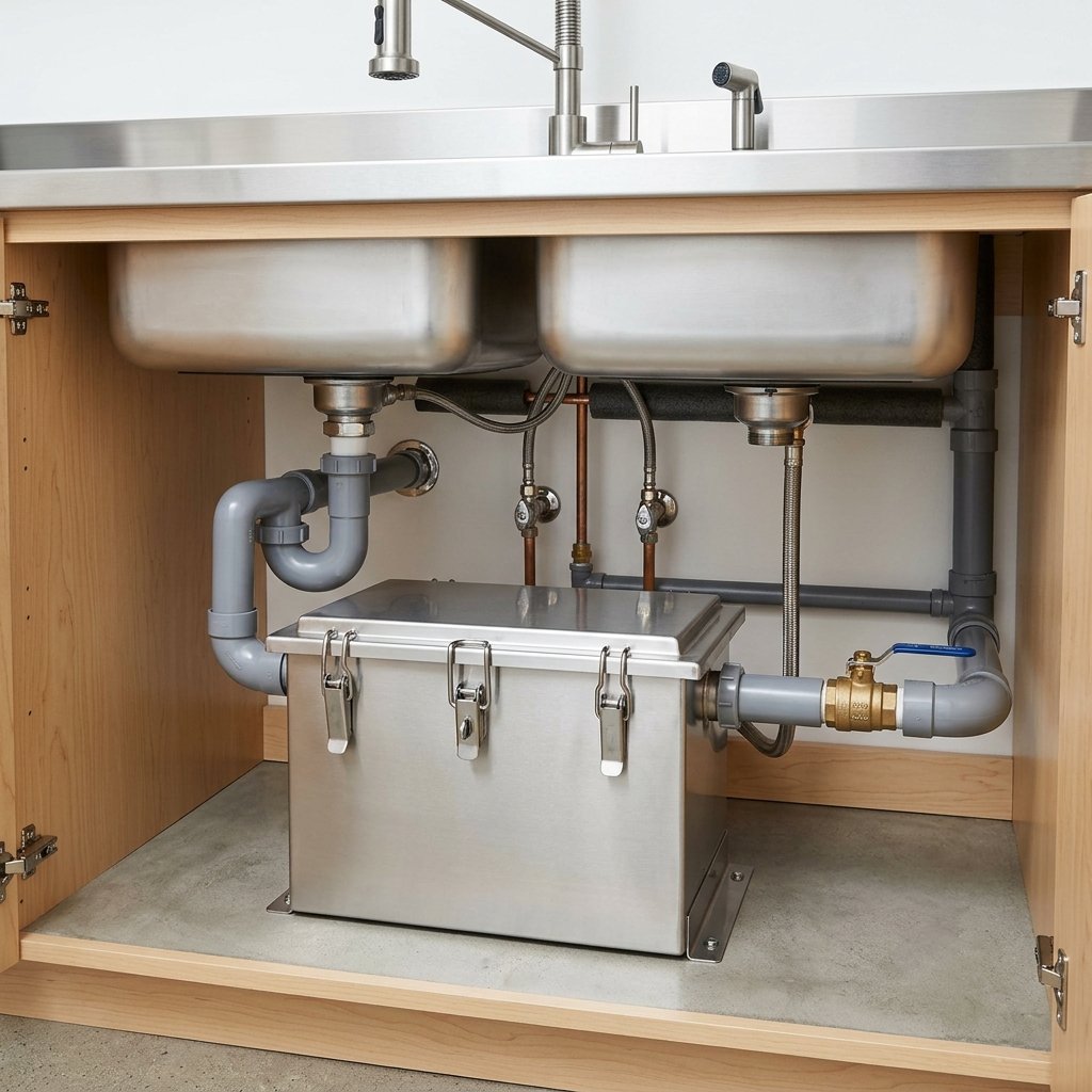 Stainless steel under-sink grease trap installed in a commercial kitchen