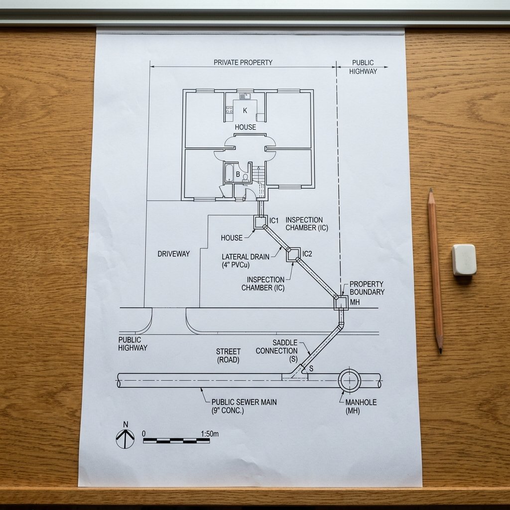 Plan showing a private drain connecting to a public sewer