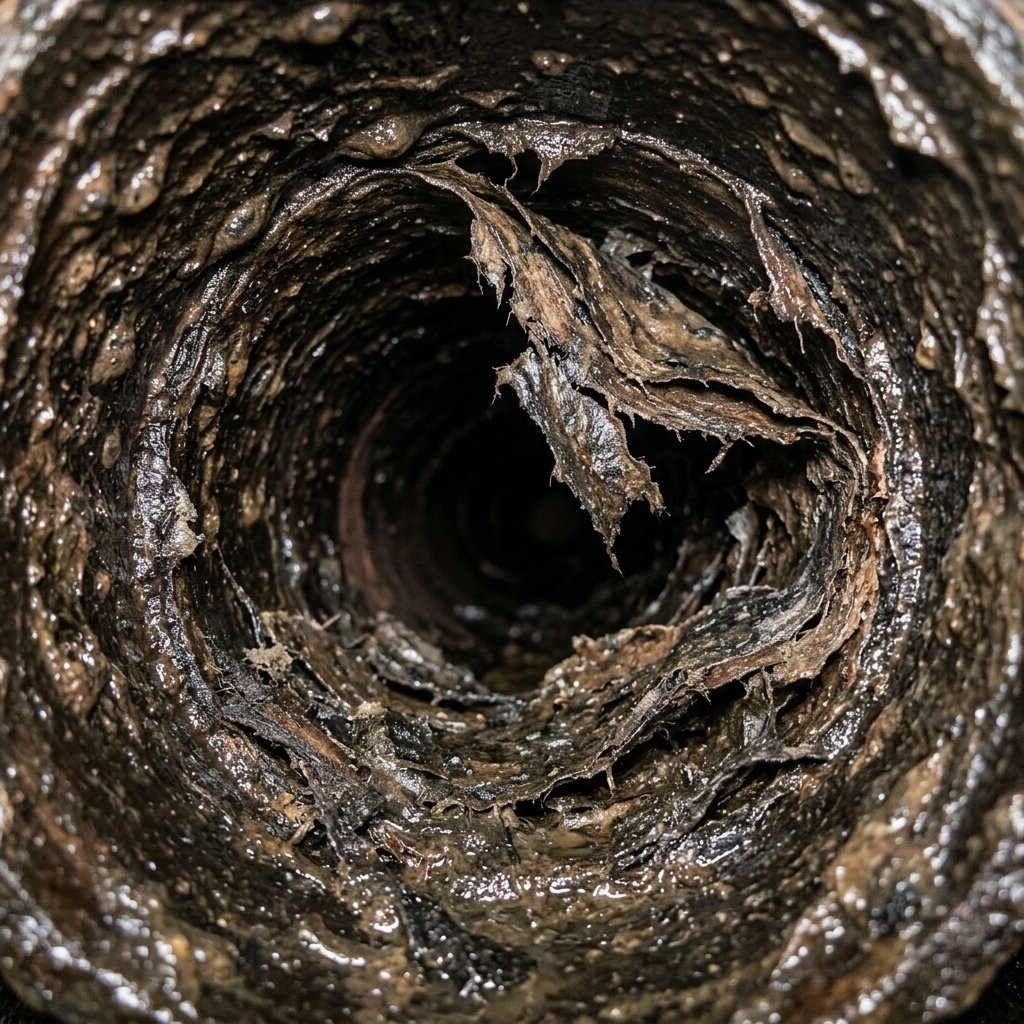 CCTV-style view of blisters narrowing the inside of a pitch-fibre drain pipe
