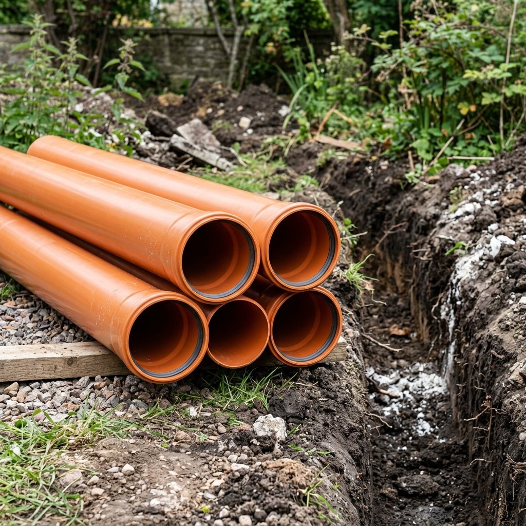 Modern orange PVC drainage pipes ready to replace a fully collapsed pitch-fibre section