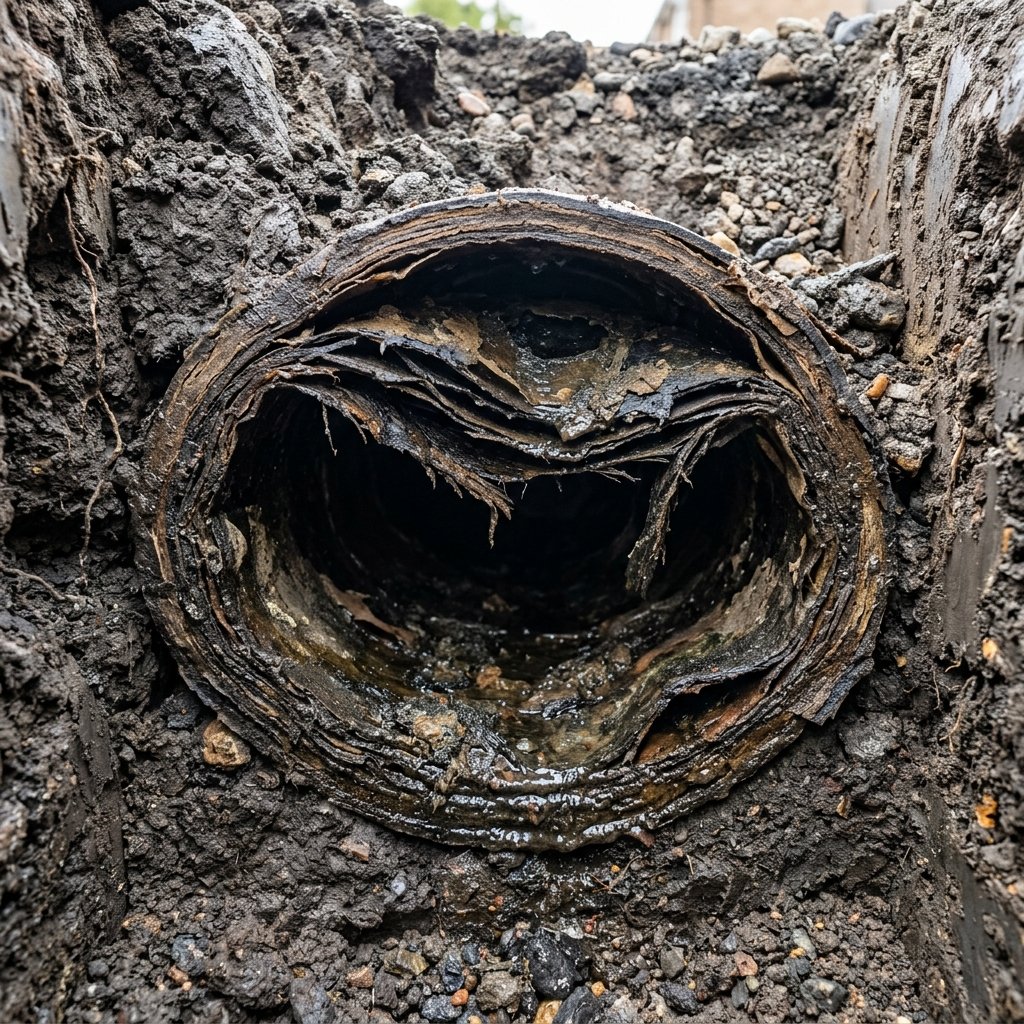 Deteriorated pitch-fibre drain pipes showing internal layers, blistering, and deformation