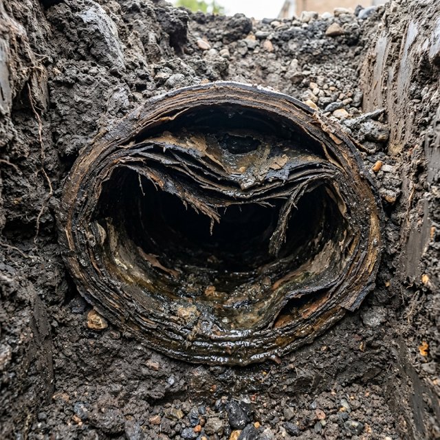 Deteriorated pitch-fibre drain pipes showing internal layers and deformation