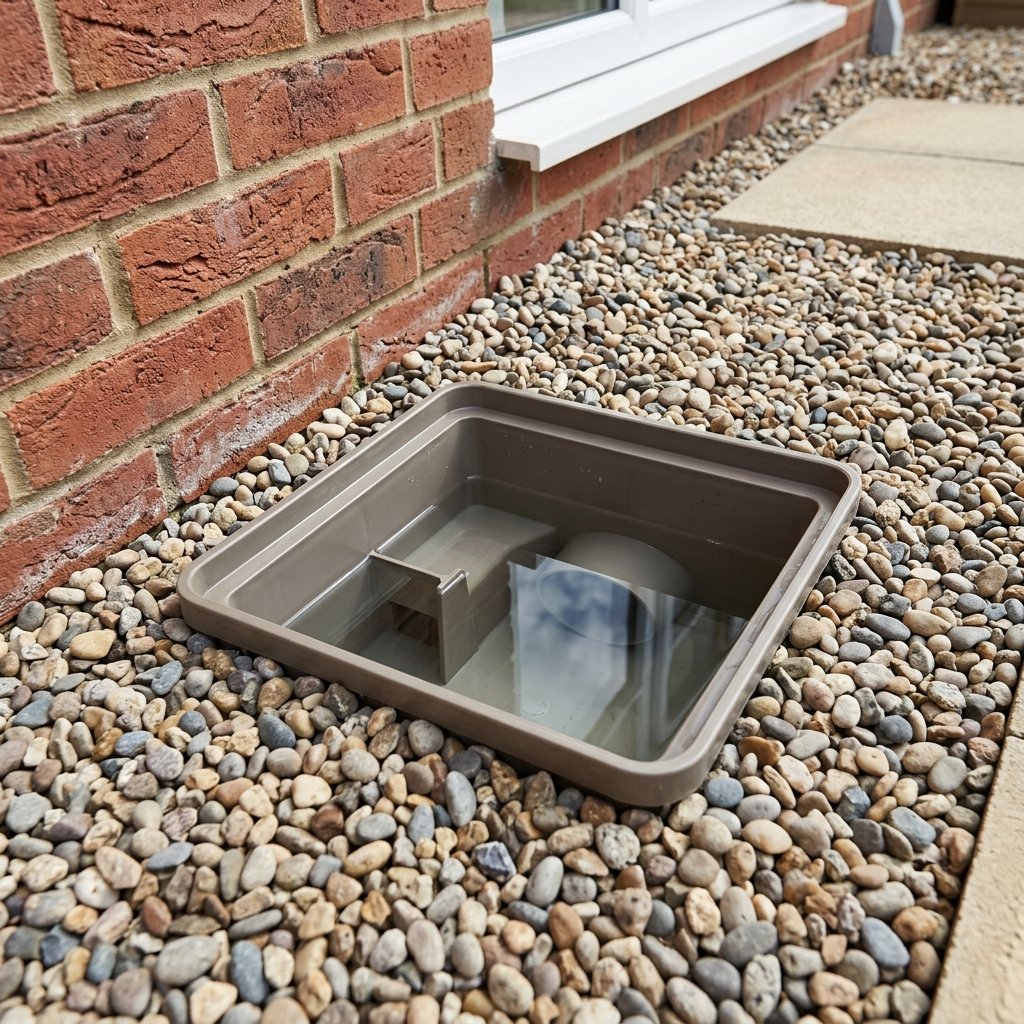 Open outside drainage gully set in gravel at a Solihull home