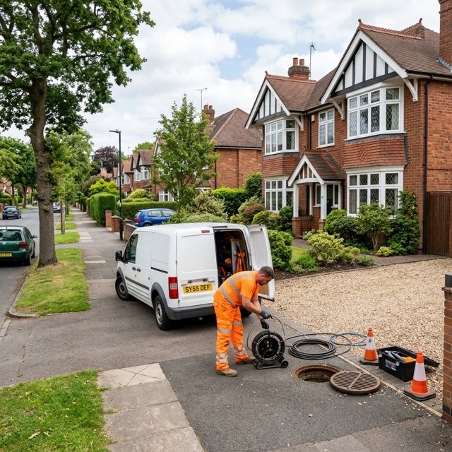 Drainage inspection taking place on a residential street in Solihull
