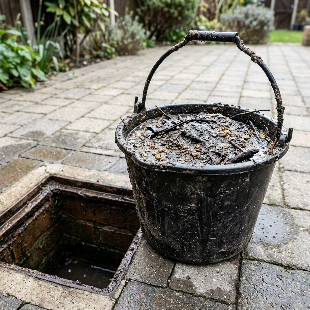 Illustration of removed silt and leaves collected in a bucket beside an outside gully