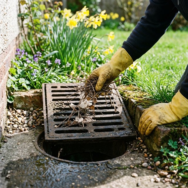 Illustration of gloved hands removing leaves from an accessible garden gully grate
