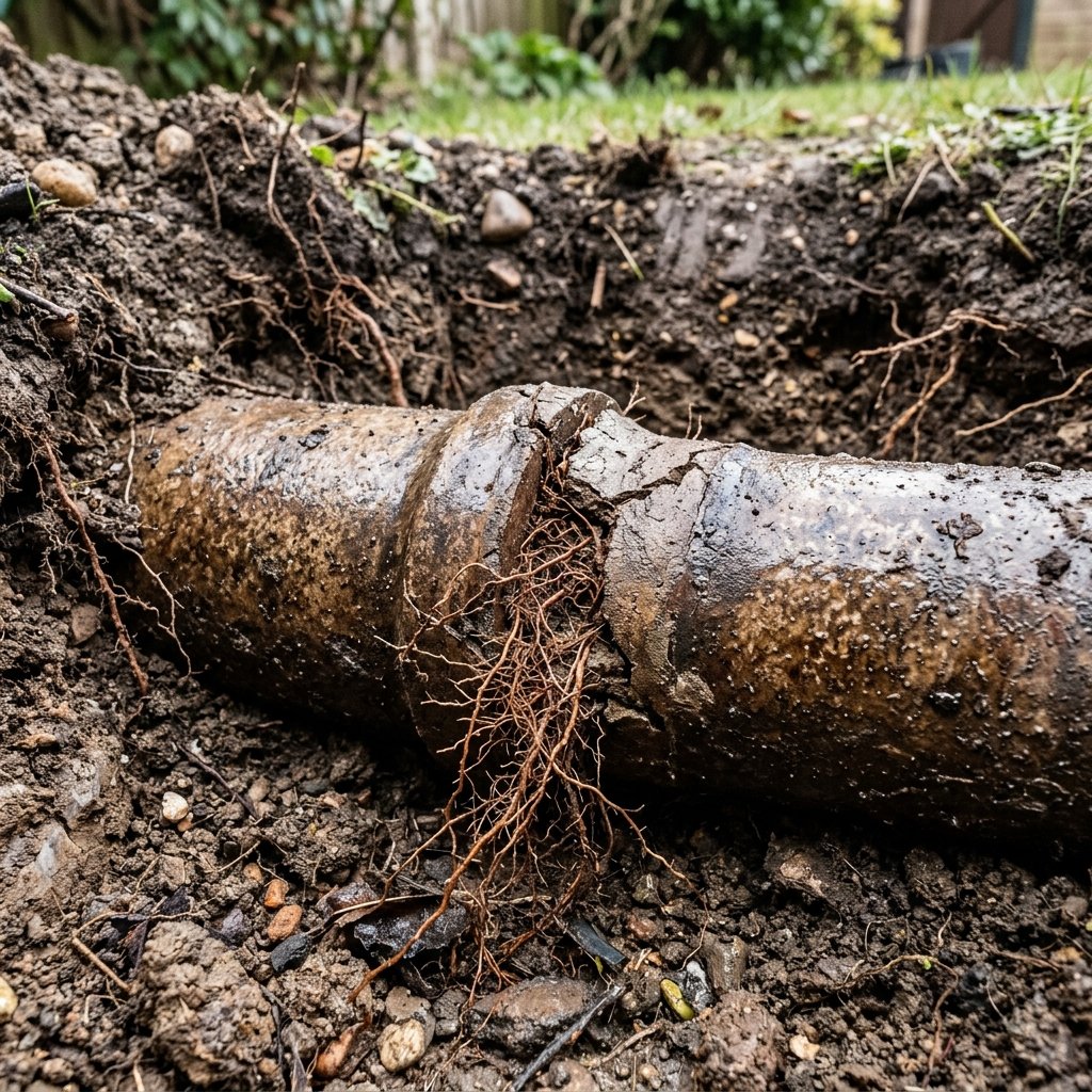 Exposed underground clay drainage pipe with tree roots intruding into a cracked mortar joint