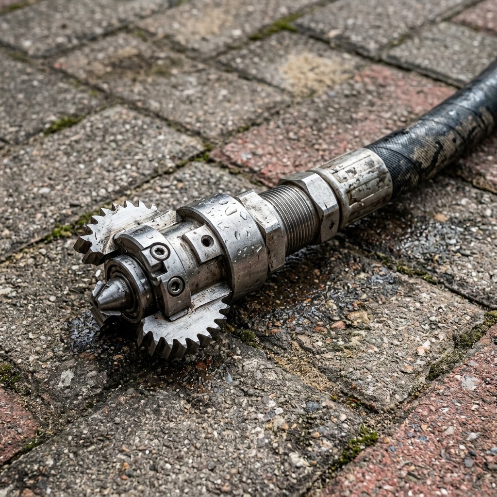 Steel rotary root cutter nozzle attached to a high-pressure jetting hose on block paving