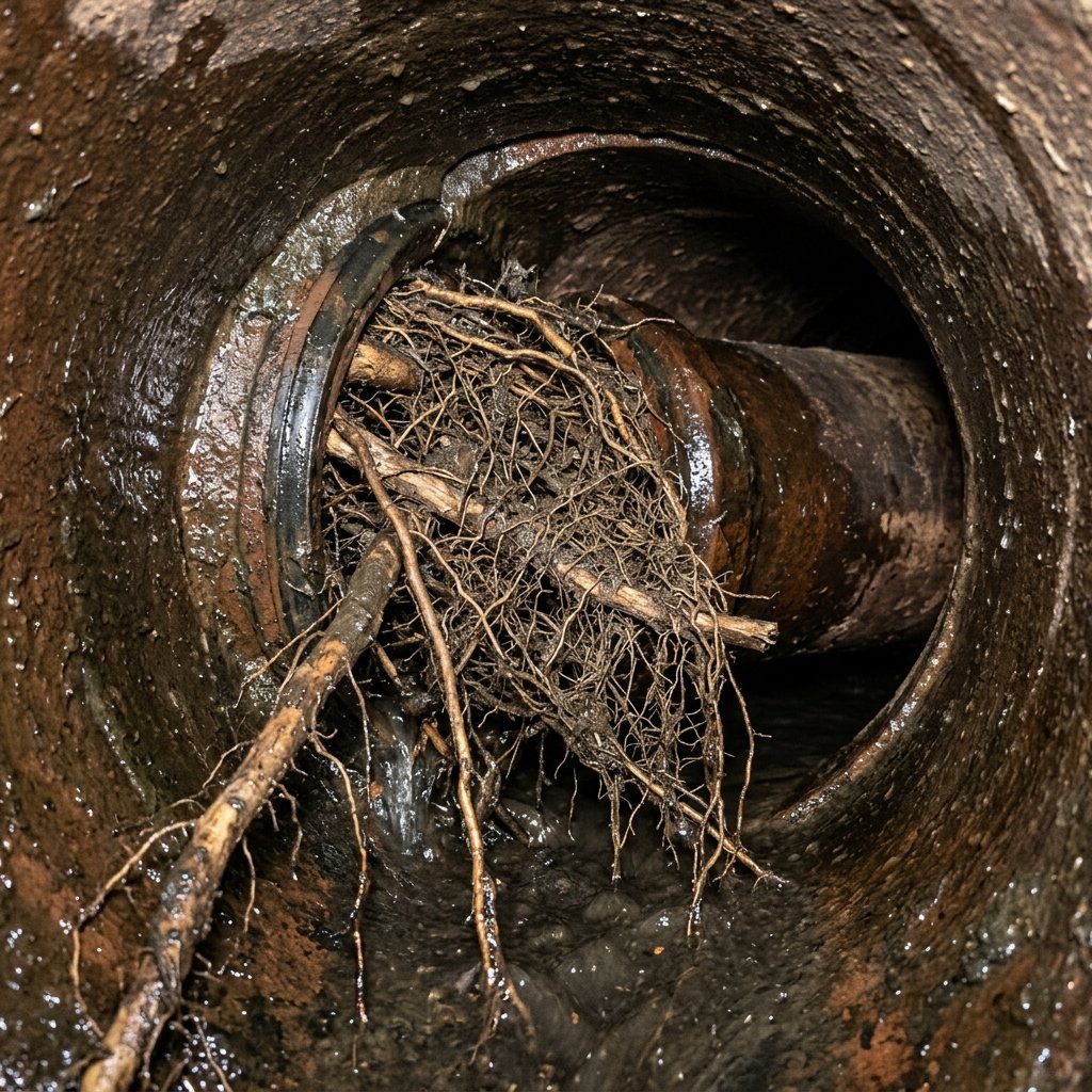 Thick tree roots breaking through a clay pipe joint and forming a dense blockage