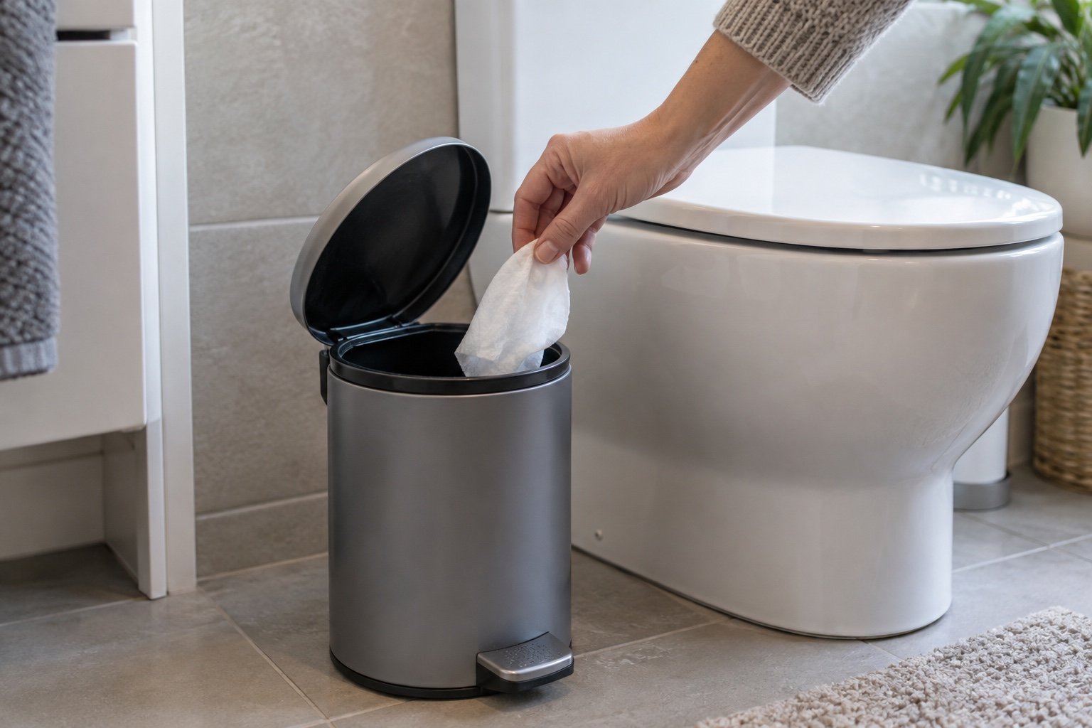 Used wet wipe being placed in a bathroom bin instead of the toilet