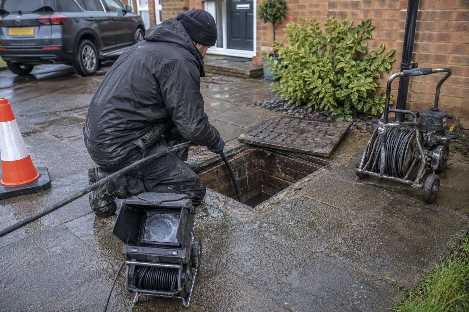 Drainage engineer inspecting an open residential drain chamber