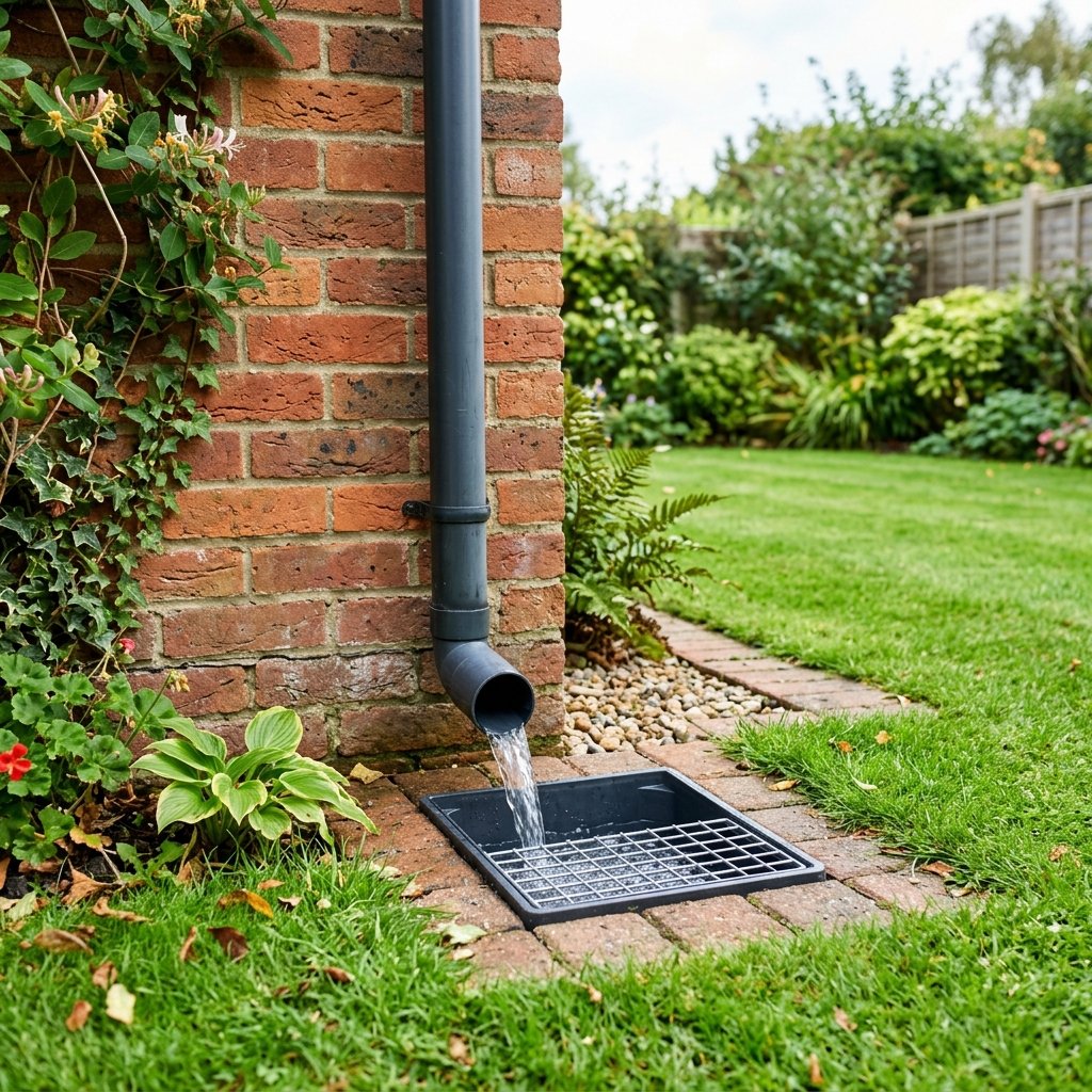 Property boundary wall next to an outside drain, marking where private and public drainage responsibility divides