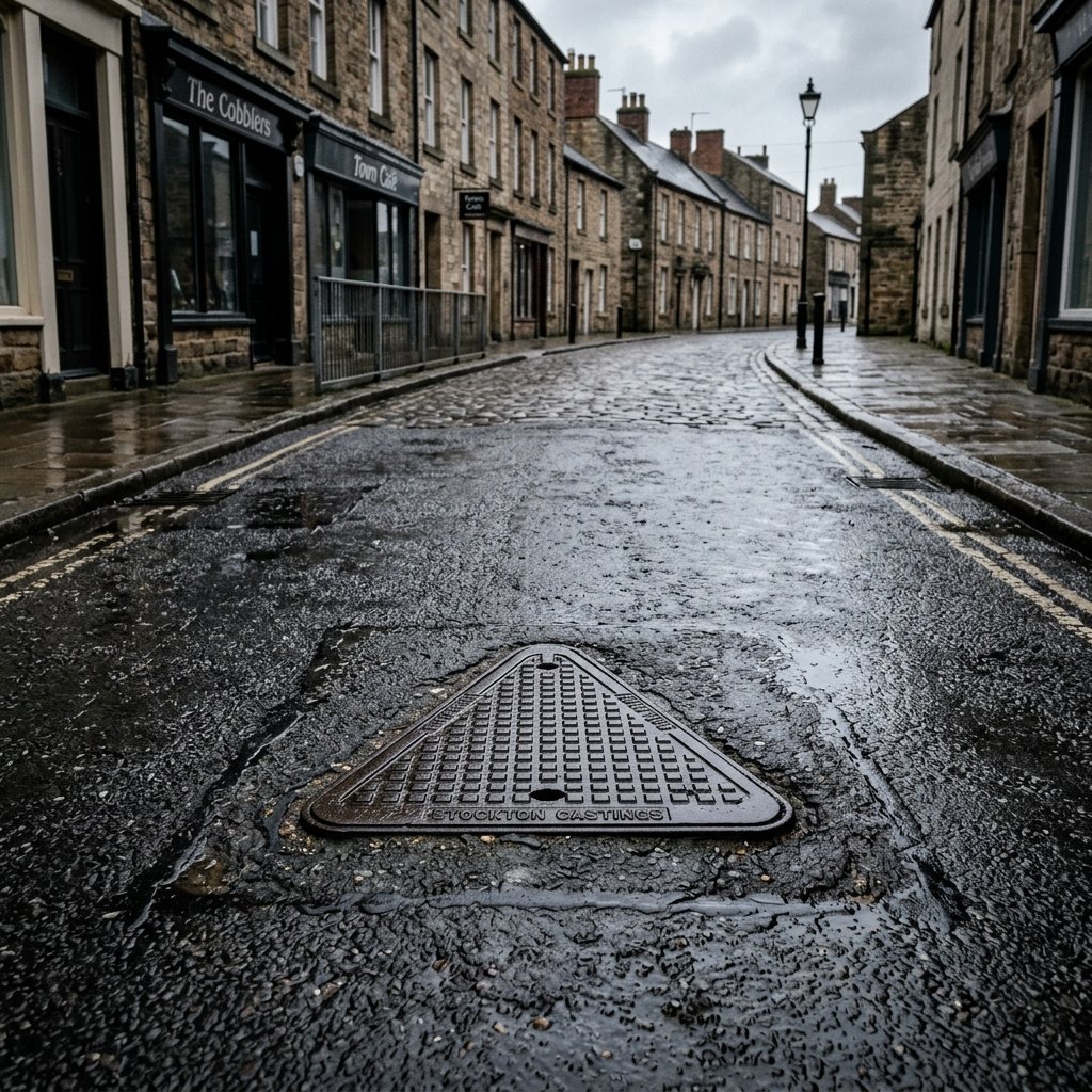 Highway manhole cover on a public road marking the location of a public sewer