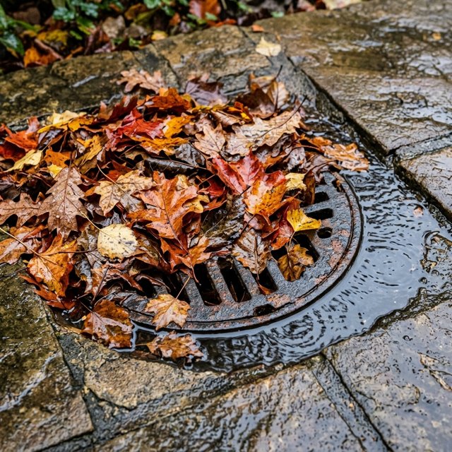 Wet autumn leaves blocking an outside gully and causing water to pool