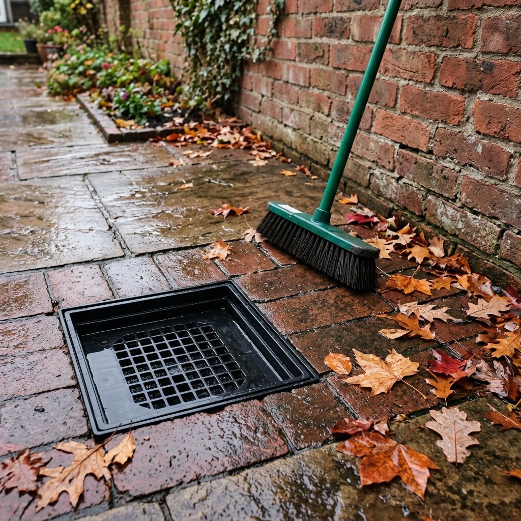 Clean patio gully after wet autumn leaves have been swept away