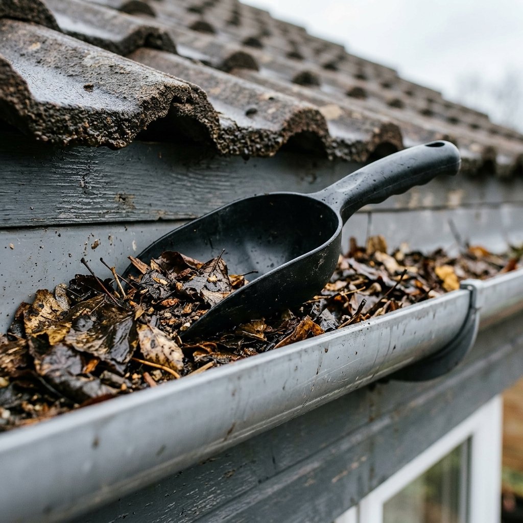 Wet leaves collected inside a roof gutter before autumn rain
