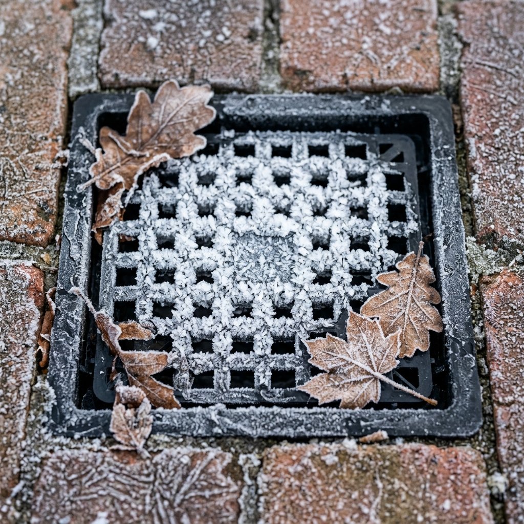 Frozen outside gully grate with ice and trapped autumn leaves