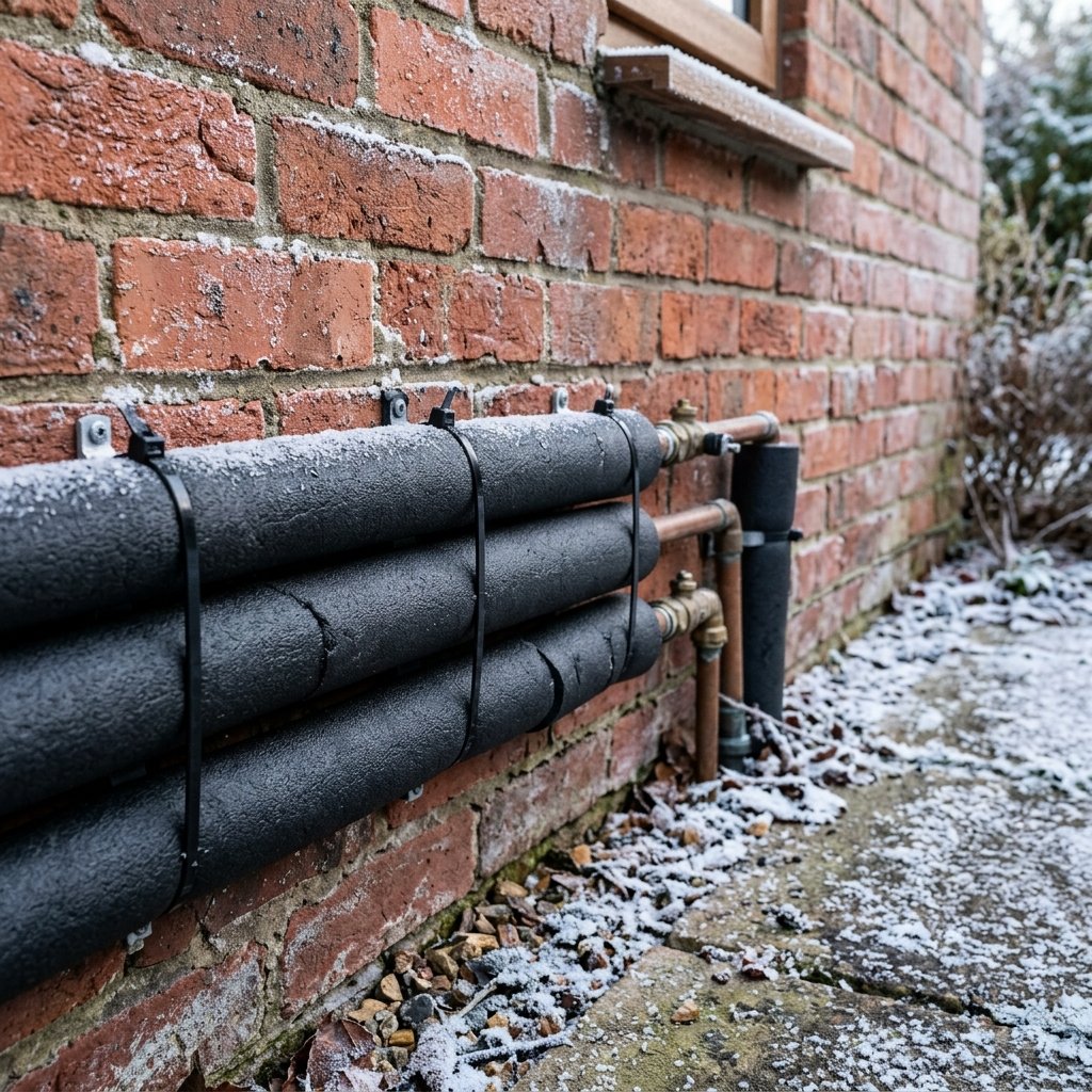 Outdoor water and waste pipes insulated before freezing winter weather